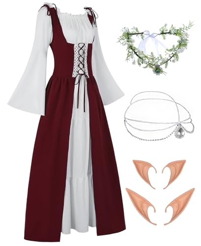 FOVER Renaissance Kostüm Gothic Kleidung Damen Mittelalter Renaissance Kleid Vintage Kleider Karneval Kostüm Piraten Cosplay Outfit mit Kopf Kette Blumenkranz Elfenohren Kniehohe Strümpfe FR059M