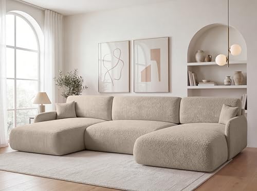 KP-Meble U-Form Wohnlandschaft mit Schlaffunktion 357x175 cm Bouclé Beige – Großes Schlafsofa mit Bettkasten, Moderne Couch mit Stauraum Pierr (Anthology 2)