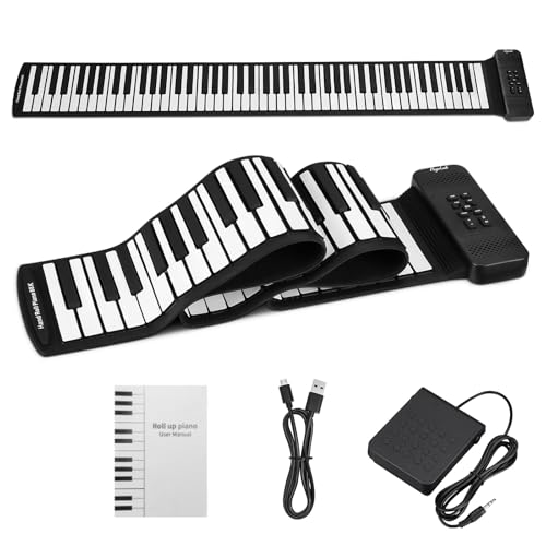 POGOLAB Roll-Up Piano mit 88 Tasten, tragbares Klapptastatur mit 14 Demos/128 Rhythmen/128 Tönen, Bluetooth kabellos, ideal für Anfänger