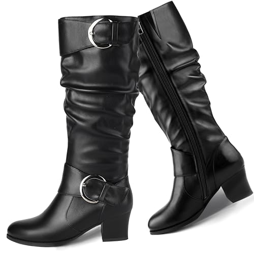 Voviggiw Damen Weiter Schaft Knielange Schlaffer Schaft Stiefel Runde Spitze Schnallenriemen Reitstiefel Block Mittelhoher Absatz Knielange Stiefel Seitenreißverschluss Schwarz Größenangabe 39