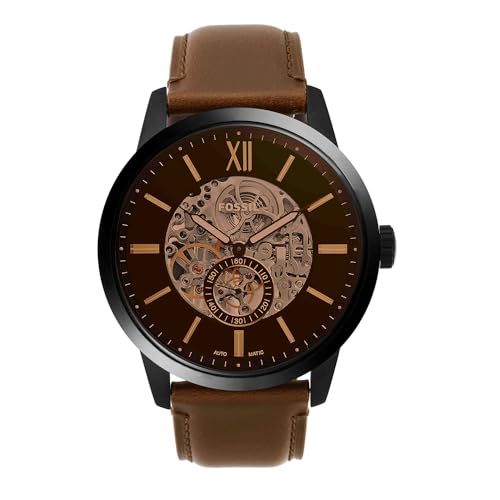 Fossil Townsman uhr für Herren, Automatikuhrwerk mit Edelstahl- oder Lederarmband, Braun, 48MM
