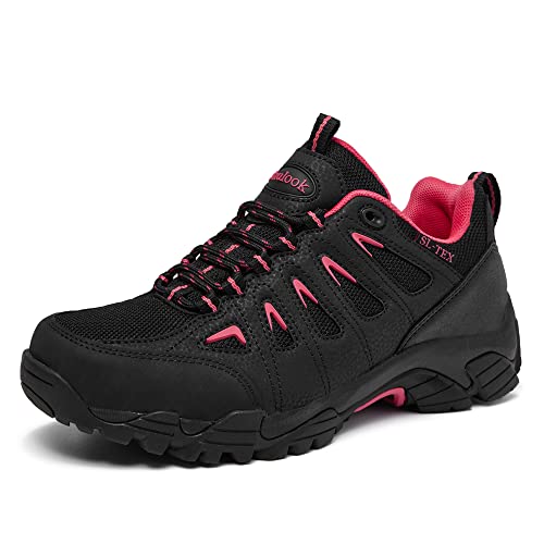 SHULOOK Wanderschuhe Damen Wasserdicht Leicht Trekkingschuhe Damen rutschfeste Bergschuhe Outdoor Schuhe für Camping,Hiking,Angeln (Schwarz Rot EU 38)