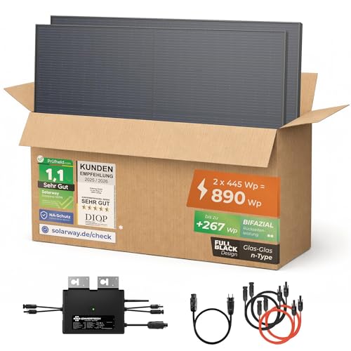 Solarway® 890W Balkonkraftwerk 800W komplett Steckdose - neuester 800 Watt Wechselrichter - Solaranlage Komplettset - 445W bifaziale Solarmodule & Envertech & Zubehör