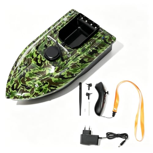 Fischköderboot 5200mA 13000RPM Tarnung, 500M Köderboot Futterboot,1,5KG Beladung Fischköder Boot mit Tempomatsystem,Doppelmotor Nachtangeln Futterboot mit Faltbarer Griff Batterieanzeige Fernbedienung