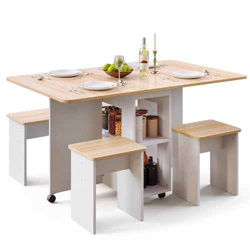 Mondeer Essgruppen, Klappbarer Esstisch mit 4 Stühlen, Esstisch Set mit Rollen und 2 Offenen Ablagen, für Kleine Räume Esszimmer Küche, 120 x 80 x 80 cm, Weiß und Roteiche