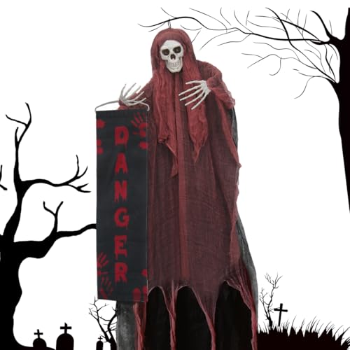 Halloween Deko Hängend 120cm Gruselig Sensenmann Dekoration Halloween Deko Outdoor XXL Horror Geister mit Danger Schild Hängedeko für Helloween Draußen Outdoor Balkondeko (Rot)