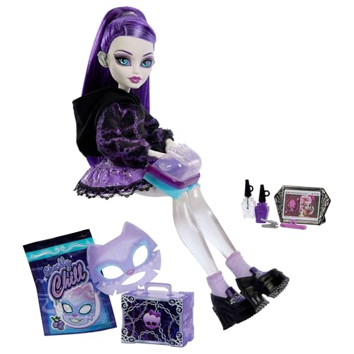 Monster High Self-Scare Secrets Spectra Vondergeist-Puppe und Zubehörset mit 13 realistischen Überraschungen wie Maniküre-Set und Plattenspieler, JHK46