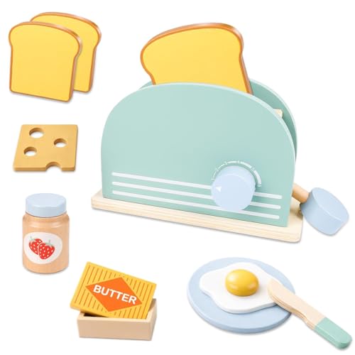 Kinderküche Spielküche Zubehör Holz, Holz Toaster Set 9-teilig mit Holzbrot und Butter & Spielzeugtoast, Pop-Up-Spielzeug-Toaster, Rollenspielzeug für Jungen und Mädchen
