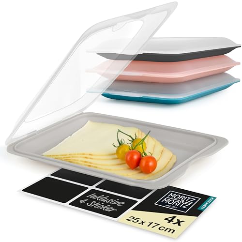 Moritz & Moritz 4er Set Aufschnittbox stapelbar – Frischhaltedosen mit Deckel zur Aufbewahrung von Wurst, Käse, uvm. – inkl. Tafelsticker zum Beschriften