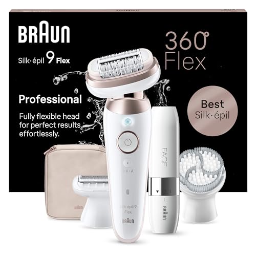 Braun Silk-épil 9 Flex, Epilierer Damen / Haarentferner für langanhaltende Haarentfernung, Ladyshaver, Mini-Rasierer, Peelingaufsätze, 9-306 3D, Weiß/Rosa Titan