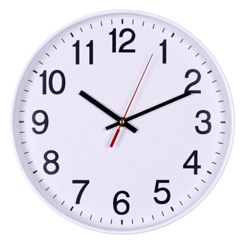 Office Products Wanduhr Kunststoff / 30 cm Weiß/Arabische Ziffern Wand-Uhr/Quartz Lautlos Wanduhren, für Schule, Büro, Wohnzimmer, Küche/Analog Modern, Rund Dekorative