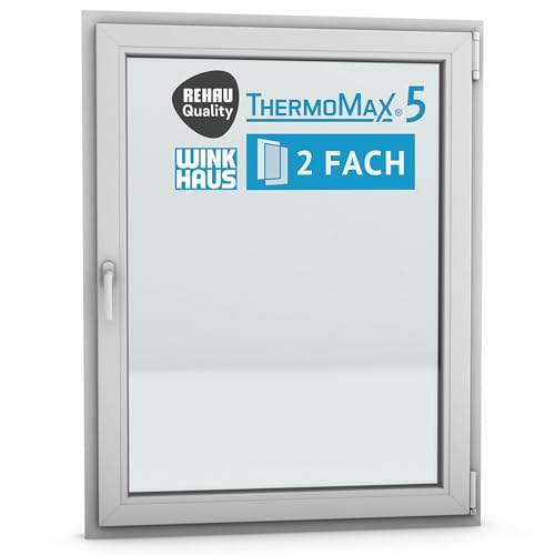 ThermoMax 5 Classic Kunststoff-Fenster, Uw-Wert 1,3, BxH: 105x135cm / 1050x1350mm, DIN rechts (Griff links), mit 2-fach Wärme-Isolier-Verglasung, Winkhaus Sicherheitssystem & Rehau Profil