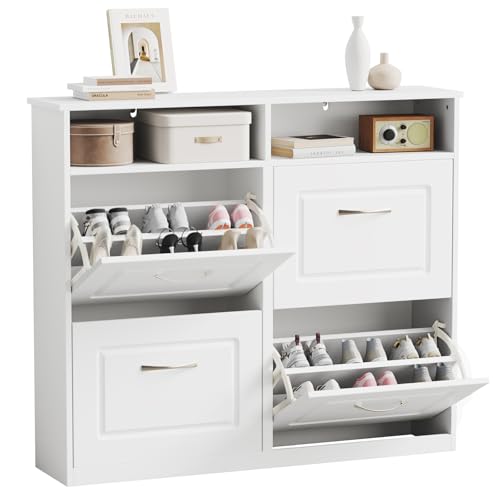 Sweetcrispy Schuhschrank mit 4 Klappen, schmaler Schuhkipper mit offenen Ablagefächern, verstellbare Trennwände, platzsparend für Flur/Diele/Eingang, 104 x 90 x 24 cm, Weiß