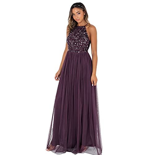 Maya Deluxe Damen Abendkleid Pailletten Cocktailkleid Tüllkleid Kleid Nackenband Elegant Für Hochzeit Brautjungfernkleid Bridesmaid Dress, Berry, 36 EU