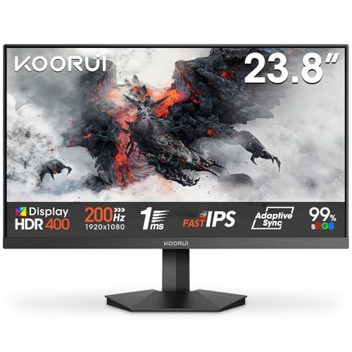 KOORUI Gaming Monitor 24 Zoll, 200Hz PC Bildschirm FHD 1920x1080 Fast IPS HDR400, Adaptive Sync 1ms, HDMI 2.0 & DP 1.4, VESA 75x75 mm-G2411P