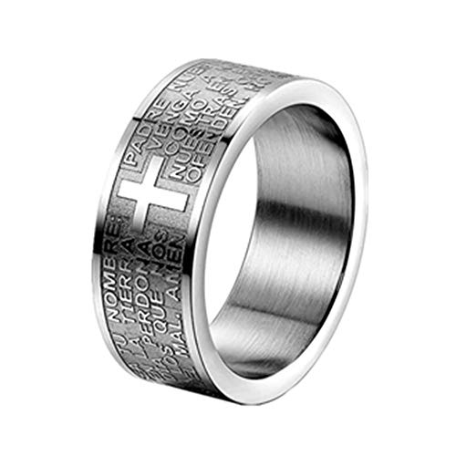 JewelryWe Bibel Gebet Kreuz Ring: 8mm Silber Edelstahl Herren-Ring Damen-Ring Englisch Vaterunser Kreuz Fingerring Band Bandring Religiöse Schmuck Geschenk für Herren Damen Größe 65