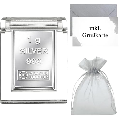 1g Silberbarren 999 Feinsilber in Acrylglaskapsel – inkl. Geschenkbeutel, Grußkarte & Echtheitsgarantie – kleines Silber Geschenk & Mitbringsel - Silberstücke24