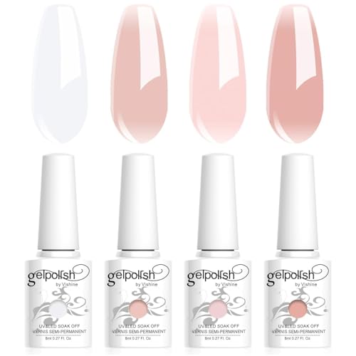 Vishine 4 Farben Semi-permanenter Gel Lack, klar, milchig weiß, rosa, Nagellack, natürliche Farbe, rosa, milchig weiß, klar Kristallgelee Soak Off UV LED Gel 8 ml