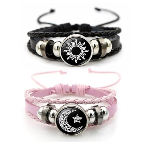ZGDYi 2 Stück Sonne Mond Partner Armbänder für Paare, Lederarmbänder Damen Herren, Pärchen Armband Partner Schmuck, Couple Bracelet Matching Bracelets Geschenk für Sie und Ihn Fernbeziehung Armband