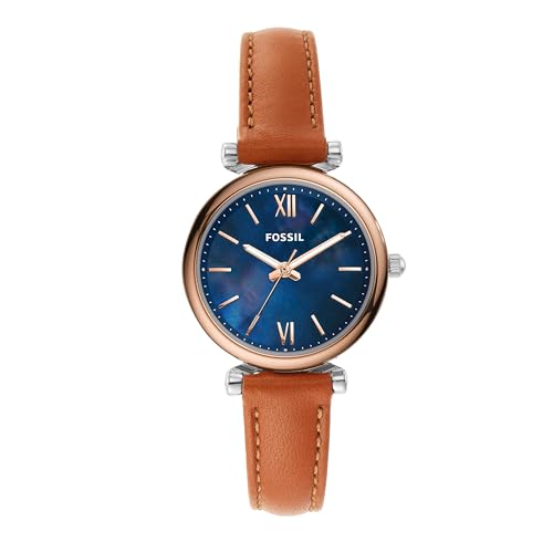 Fossil Damenuhr Carlie Mini, Quarzwerk, 28mm Silbernes Edelstahlgehäuse mit Lederarmband, ES4701