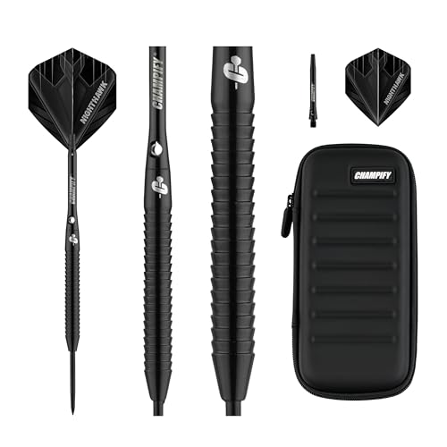 Champify® 90% Tungsten Darts Set “Nighthawk” mit 23g Barrel und schwarzer Darttasche | 3 Steeldarts mit 9 Alu-Schäften & 9 Flights| Dart Set mit Zubehör | Dartpfeile mit Metallspitze