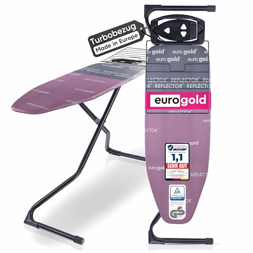 EUROGOLD Bügelbrett für Dampfbügelstation 120x42 cm – Stabiler Bügeltisch groß & höhenverstellbar, Turbo-Effekt mit Reflektor-Bezug, TÜV-Zertifiziert, Made in Europe (Paris Pink)