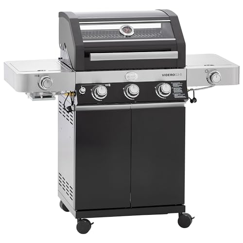 RÖSLE Gasgrill BBQ-Station VIDERO G3-S Schwarz, Grill mit 3 Edelstahlbrennern, extra Primezone und Seitenbrenner, klappbare Seitentische, VARIO+, pulverbeschichteter Stahl