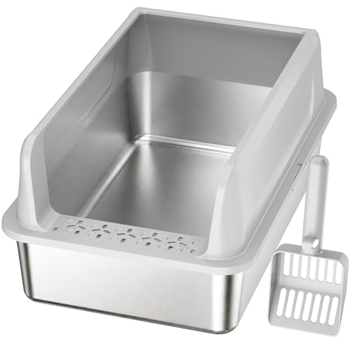 Lifewit Große Katzenklo Edelstahl mit Schaufel, Offene Katzentoilette mit hohem Rand für Mittelgroße und Große Katzen, Geruchsarm Katzen Klo, Cat Litter Box, leicht zu reinigen, 58x37x26cm, Grau