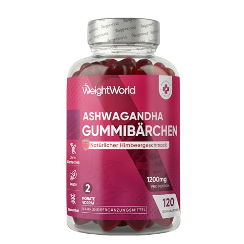 Ashwagandha Gummies - 1200 mg pro Portion - 120 Vegane Gummibärchen - 2 Monate Vorrat - Natürlicher Himbeergeschmack - Täglich 2 Gummibärchen - Withania Somnifera - WeightWorld