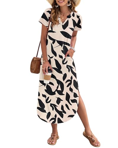 AUSELILY Damen Sommer Maxikleid Kurzarm V-Ausschnitt Lockeres Strandkleid mit Seitenschlitz für Urlaub Aprikot Schwarz Blattdesign L