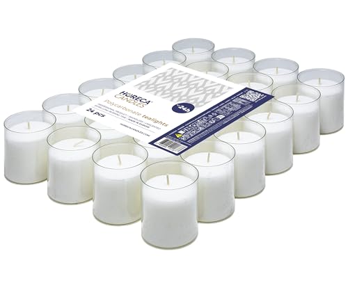 Horeca Candles - Teelichter in Transparente Kunststoff Hülle - Weiß - 24 Stück - 24 Stunden Lange Brenndauer - Kerzen Deko, Gastro, Hochzeit, Dekorieren, Feiern, Entspannen, Party