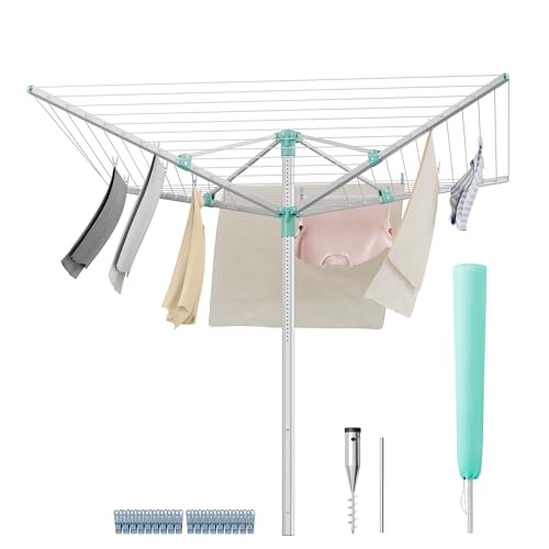SONGMICS Wäschespinne, Wäscheständer, höhenverstellbar, 50 m Wäscheleine, für 5 Waschmaschinenladungen, Outdoor, Garten, mit Bodenhülse, Wäscheklammern, silbern-grün LLR301E01