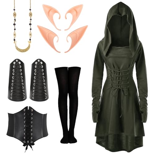 Mittelalter Kleidung Damen, Gothic Kleid, Renaissance Kleid, Mittelalte Mit Kapuze Langarm Retro Gothic, Kommt Gürtel, Kniestrümpfen, Armschützern und Halskette, Damen Cosplay Karneval Halloween