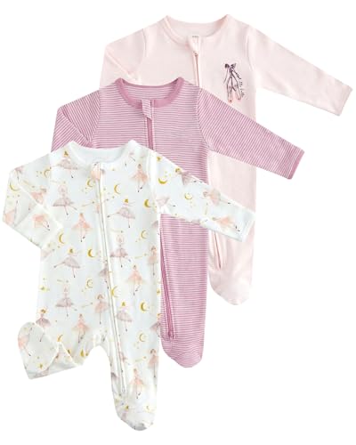 WYTbaby 3er Pack Baby Schlafanzug Baumwolle Strampler, Langarm Baby Overall Bekleidungssets mit Fußteil Und Umklappbaren Fäustlingen für 0-3 Monate