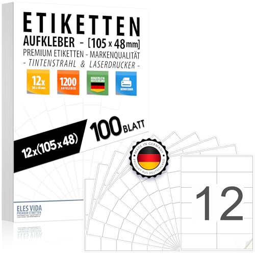 1200 Stück Adressaufkleber 105x48 mm - 100 Blatt (12 pro DIN A4 Bogen), Adressetiketten bedruckbar mit Inkjet- und Laserdrucker Aufkleber, Drucker Etiketten - MADE IN GERMANY