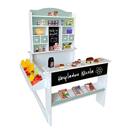 Coemo Kaufladen Nicola Kinder Kaufmannsladen aus Holz, Verkaufsstand Theke, Tafel, Seitentheke & Schublade Marktstand als tolles Geschenk, Grün