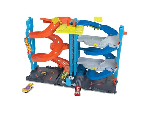 Hot Wheels City Trackset mit 1 Auto, 2-in-1-Rennturm, von Einzelbahn in zweispurige Rennbahn umwandelbar, manueller Aufzug, HKX43