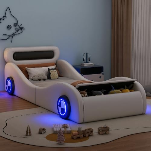 Autobett Kinderbett 90x200, Polsterbett Einzelbett mit leuchtenden Rädern & Stauraum, Aufregendes Auto Kinderbett für kleine Rennfahrer, Kinder Spielbett mit Lattenrost, PU, Ohne Matratze (Weiß)