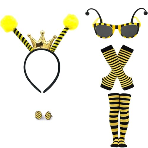 Gleemix Bienenkostüm Damen Set, 5 Stück Kostüm Biene Damen Set mit Bienen Haarreif, Brille, Überkniestrümpfe,Handschuhe und Ohrstecker, Bienen Kostüm für Karneval Fasching Verkleidung