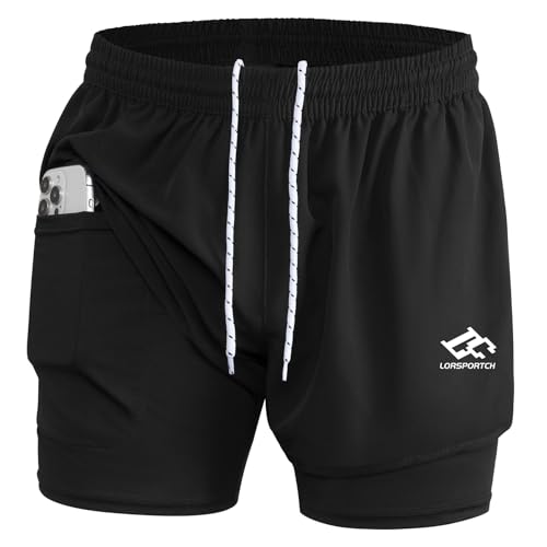 LORSPORTCH Herren Laufshorts 2 in 1 Shorts Gym Athletic Shorts Outdoor Marathon Workout Trainingsshorts Mit Eingebaut Taschen Schwarz M