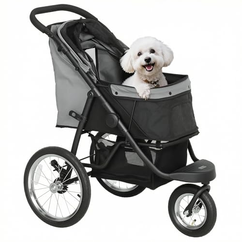 PawHut Hundewagen Jogger Hundebuggy klappbar für kleine Hunde & Katzen bis 10 kg Katzenbuggy mit 3 große Gummiräder, Kissen Netzfenstern Aufbewahrungskorb Katzenwagen mit Sicherheitsleinen, Grau