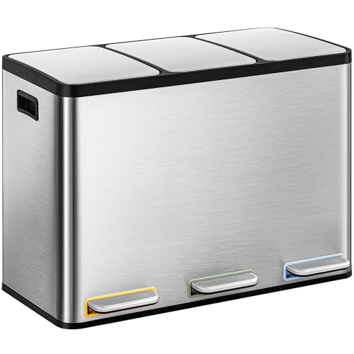 Hzuaneri Mülleimer Küche, Mülltrennsystem 3 Fächer 45L (3 x 15 L), Edelstahl-küchenmülleimer, Tretmülleimer mit Farbcodierbaren Pedalen, Abfalleimer Ruhiger Langsamer Abstieg, Silber SW04599E
