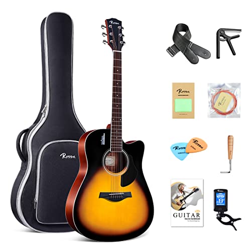 Rosen Solid Top Gitarre Dreadnought Akustikgitarre 41 Zoll Fichtengitarre Einsteiger westerngitarre Bundle mit Buch, gepolsterter Tasche, Saiten, Plektren, Stimmgerät, Gurt, Poliertuch, Sunburst