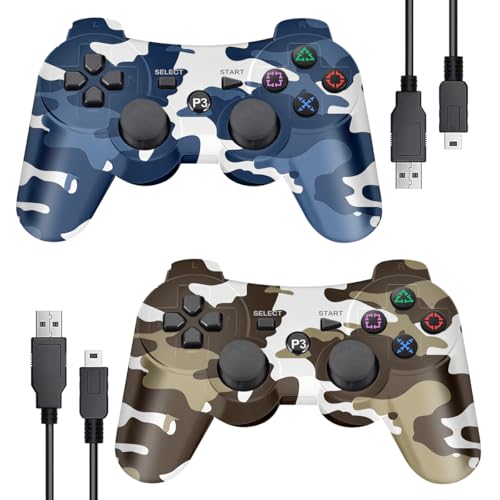 SWCTIM PS3 Controller Wireless 2 Pack,Verbesserte Fernbedienung für PS3,6-Achsen Gyro Sensor,Doppelter Vibration,USB-Ladekabel(Camo Blau und Camo Grau)