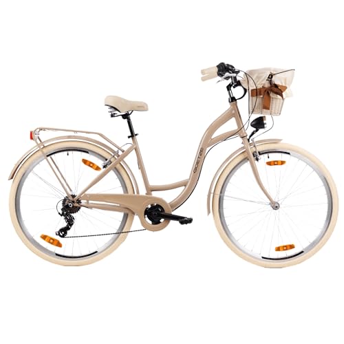 Goetze Mood 28 Zoll Citybike Damen | 18 Zoll Tiefeinsteiger | Shimano Tourney 7-Gang | LED-Beleuchtung | Korb & Gepäckträger | Komfortsattel | City Fahrrad für Alltag & Freizeit