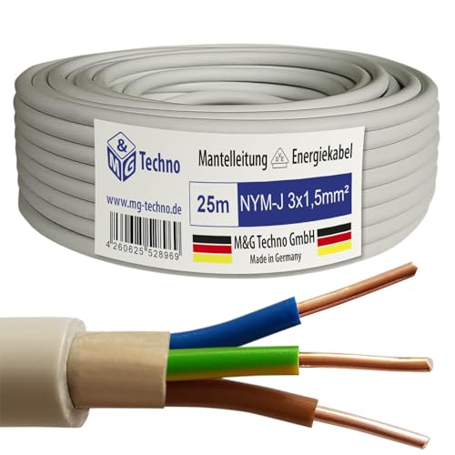 M&G Techno NYM-J 3x1,5 mm2 Stromkabel 3 Polig NYM Kabel 3 adrig Mantelleitung Erdkabel Elektrokabel Feuchtraumkabel elektrische Leitung