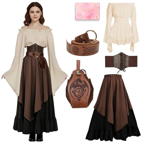 Mittelalter Kleidung Damen Set, Renaissance Kostüm und Retro Off Shoulder Bluse mit Corsett, Gürteltasche, Halskette, Ohrringe, Victorian Bekleidung Maxi Dressm für Halloween Karneval, Braun, L