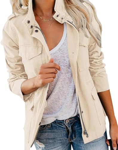 Imily Bela Übergangsjacke Damen Leichte sommerjacke Herbst Stehkragen Jacket Boyfriend Parka Sommerjacke Elegant leichte Jacke Kurzmantel(Beige，L)
