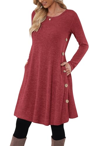 MOLERANI Pulloverkleid für Damen Langarmkleid Damen Knopf Lässiges Tunikakleid mit Taschen Rot XXL
