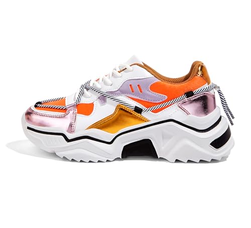LUCKY STEP Damen Plateau Sneaker Bunte Retro Chunky Dad Schuhe Modische Farbblock Turnschuhe für Alltag & Spaziergänge (Weiß/Orange, 6US-36EU-3UK)